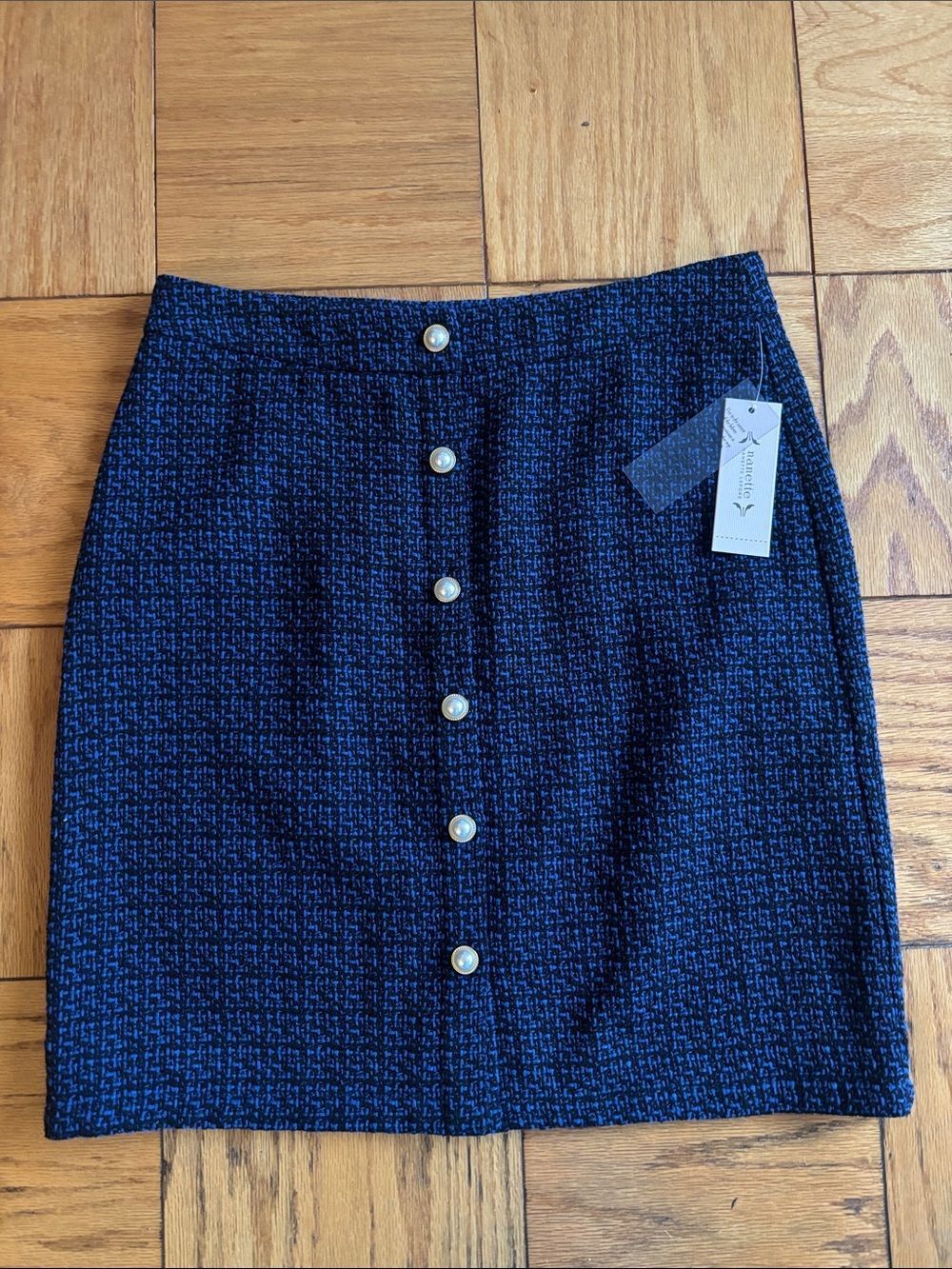 ✨NWT✨Nanette Lepore Navy Tweed Pearl-Button Mini Skirt Size 12